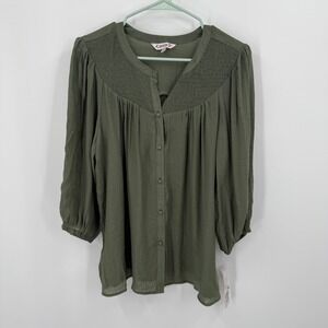 Nanette Lepore Women Green Smocked V Neck Button Front 3/4‎ Sleeve Blouse Top L